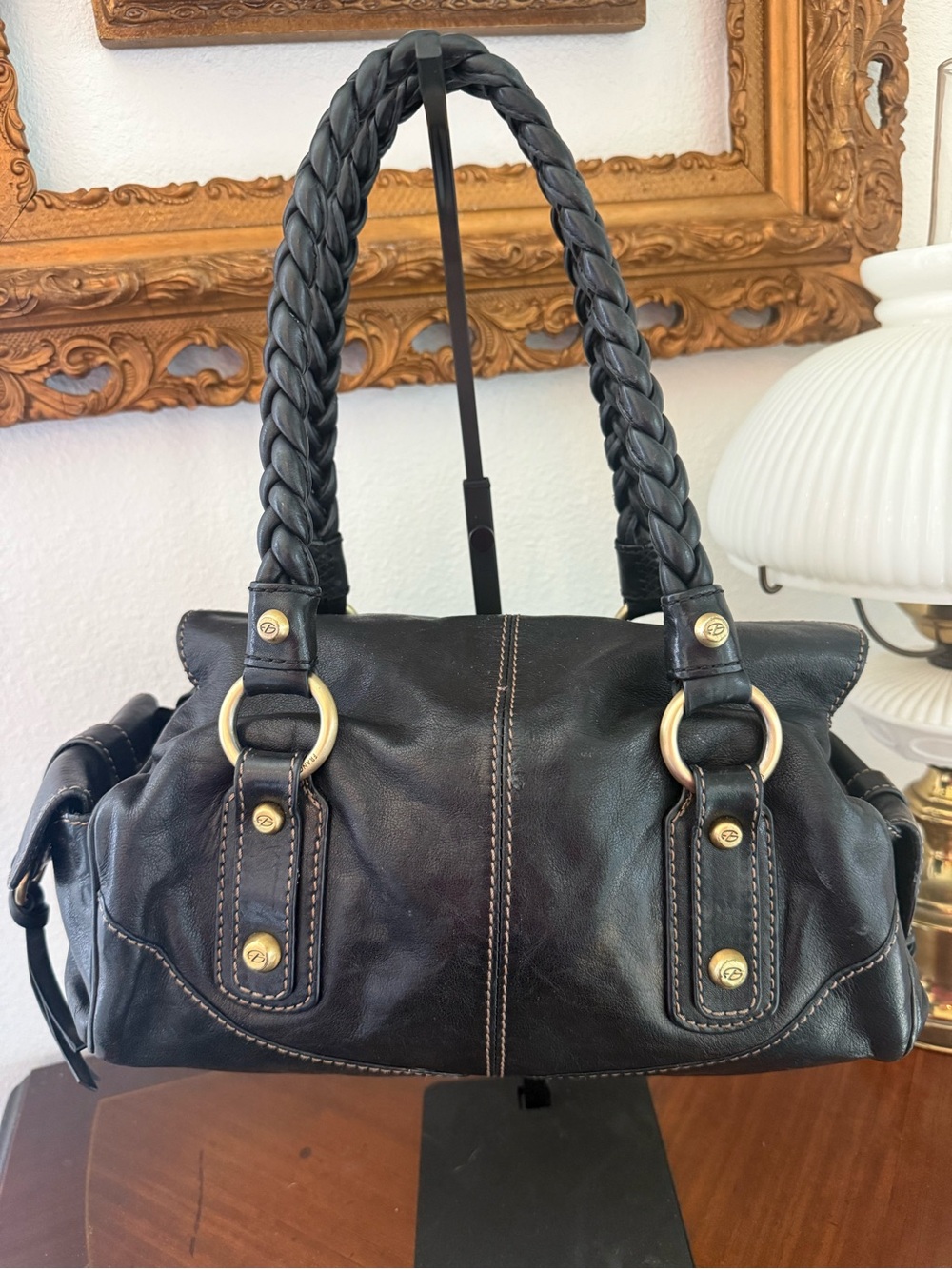 Francesco Biasia Black Braided-Handle Leather Shoulder Bag with Brass Hardware - Picture 6 of 14